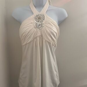 White House Black Market Cream Embellished Halter Top